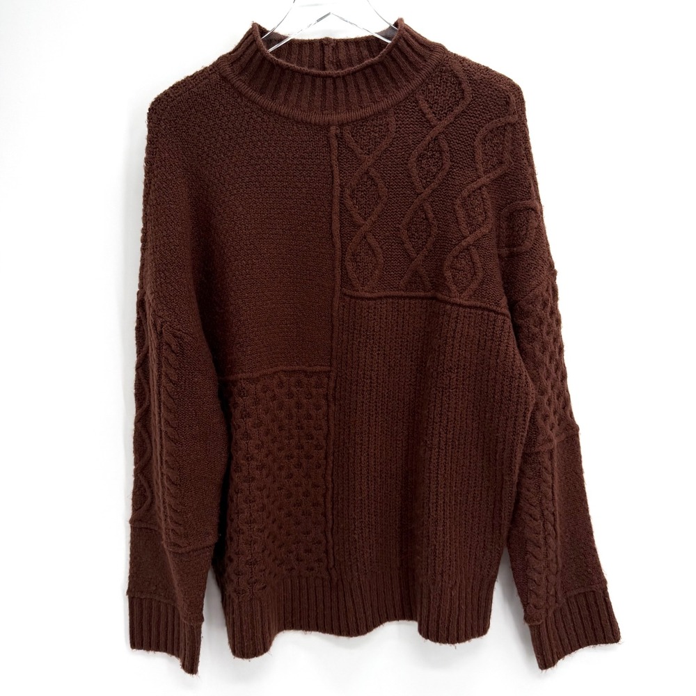 American Eagle Patchwork Style Cable Knit Sweater L Mock Neck Brown Fisherman